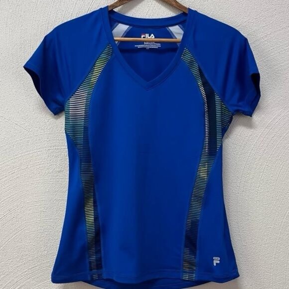 Fila Women's Sport Running Exercise Shirt Blue Short Sleeve Logo V Neck Sz S - Picture 1 of 3
